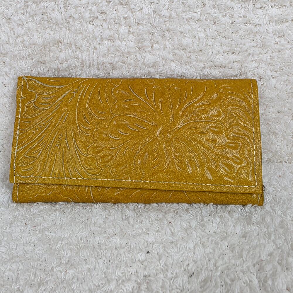 Mexican Handmade Mustard Yellow Floral Embossed Leather Tri-fold Wallet